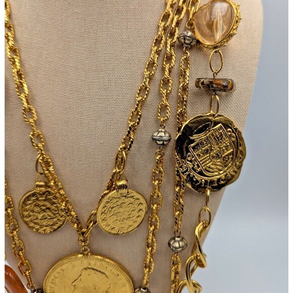 Vintage Les Bernard Gold Tone Multi Stand Coin Lucite Long Statement Necklace - Picture 7 of 16